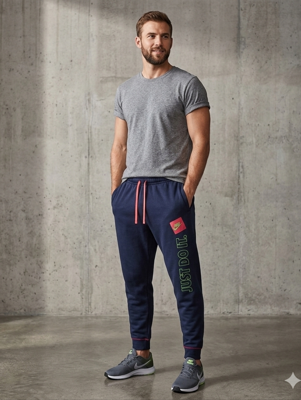 Nike Sportswear "Just Do It" Fleece Joggers Navy Blue/Neon XL